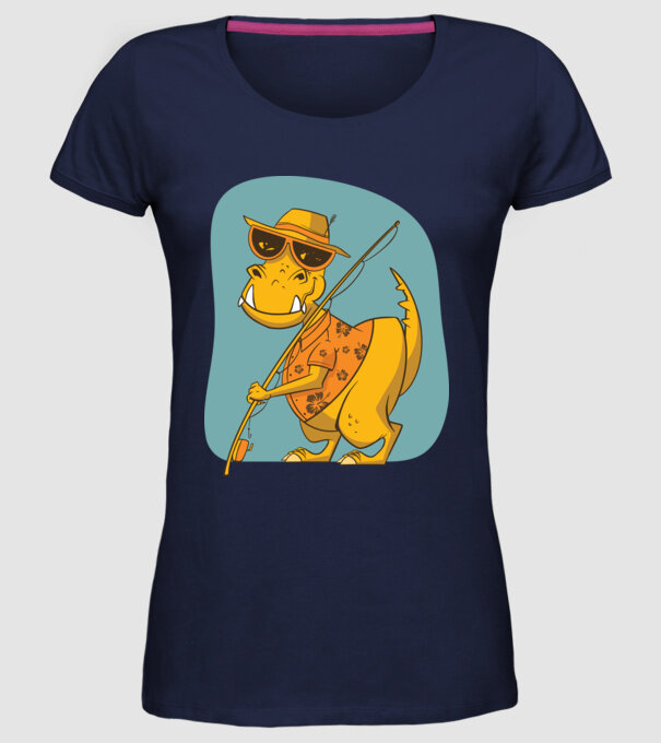 T-rex Pescar model albastru închis pe tricou