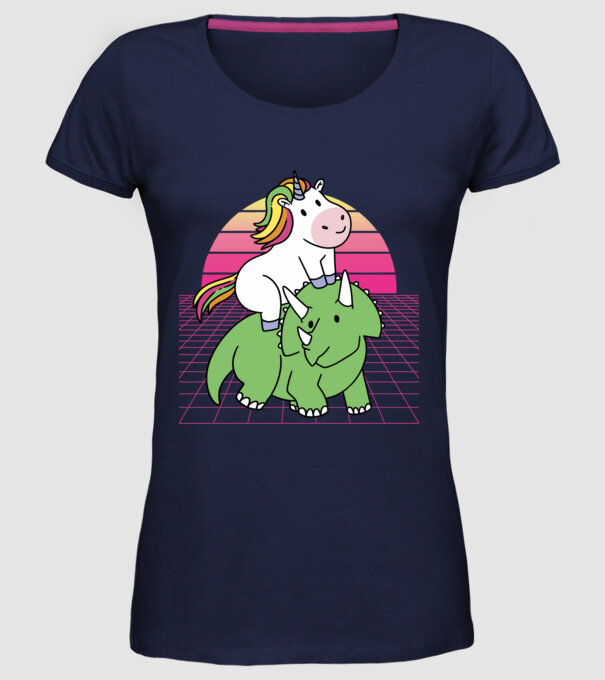 Unicorn pe dinozaur retro model albastru închis pe tricou