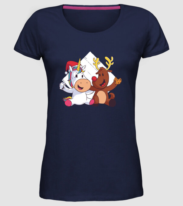 Unicorn și Ren prietenie tricou drăguț de Crăciun model albastru închis pe tricou
