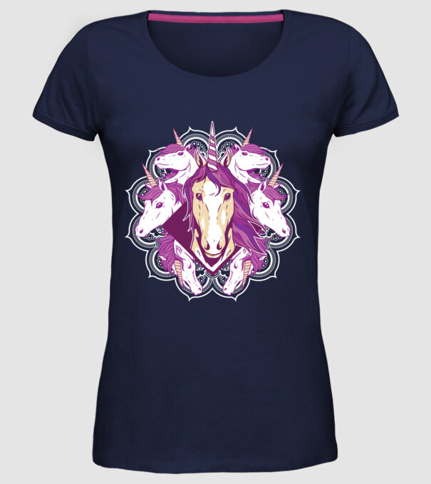 Unicorn Mandala model albastru închis pe tricou