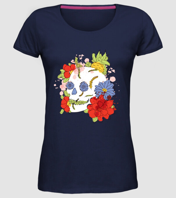 Craniu cu Flori model albastru închis pe tricou