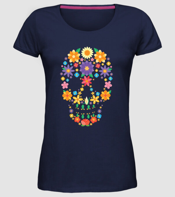 Craniu cu Flori model albastru închis pe tricou
