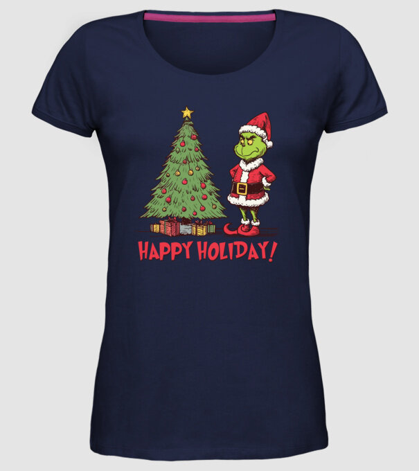 Happy Holiday Grinch model albastru închis pe tricou