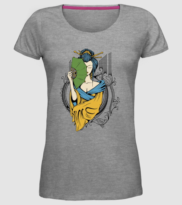 Geisha cu evantai 2 model gri pe tricou