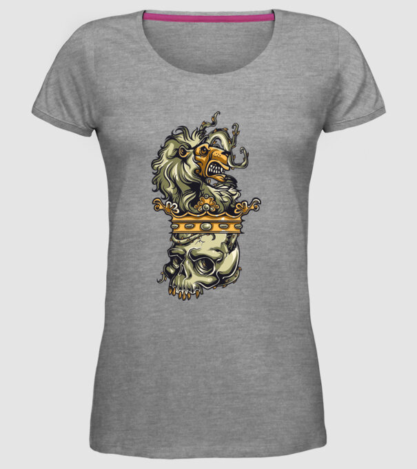 Half Lion Half Skull model gri pe tricou