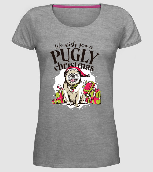 We wish You a Pugly Christmas tricou cu mops model gri pe tricou
