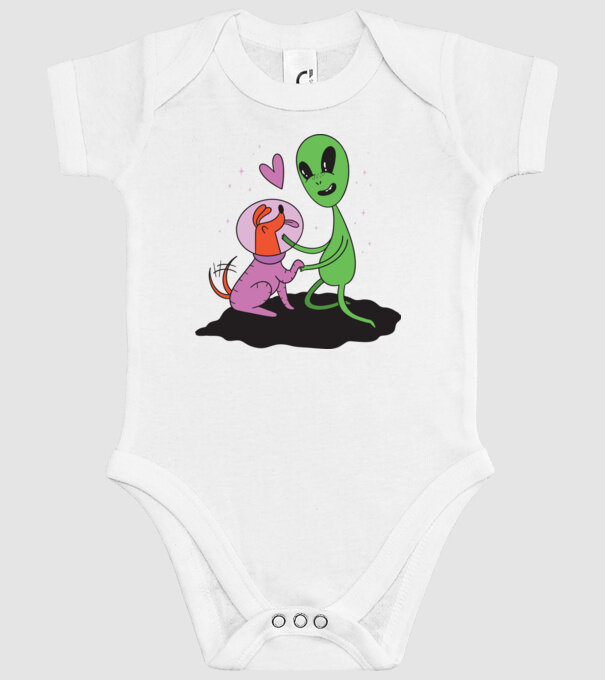 Alien cu câine model alb pe tricou