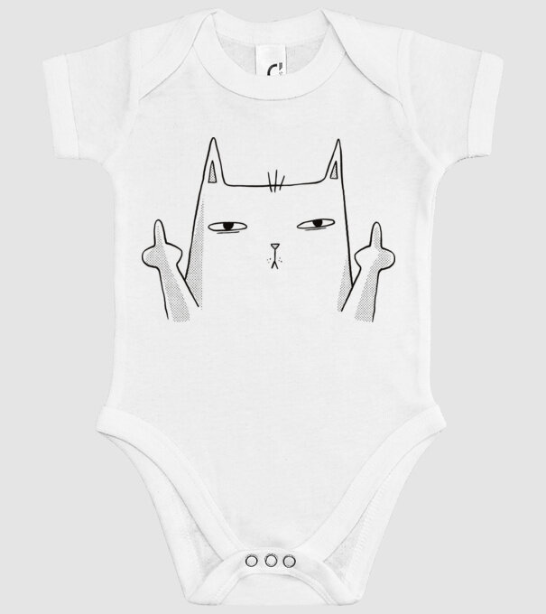 Pisică desen arată degetul model alb pe tricou