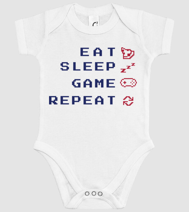 Eat Sleep Game Repeat model alb pe tricou