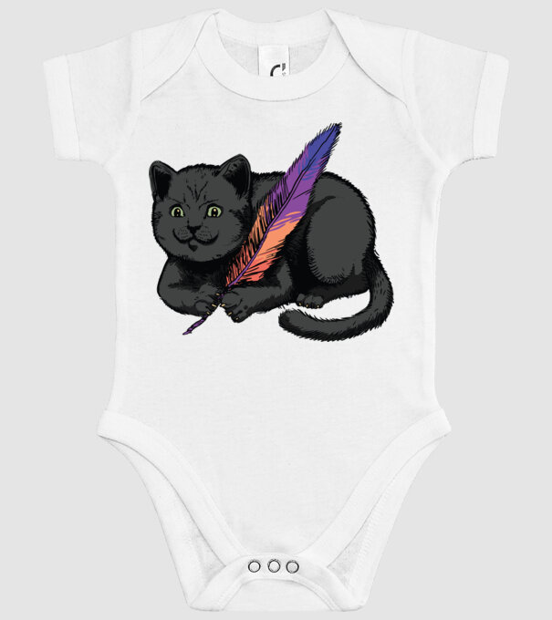 Pisicuță neagră cu pene model alb pe tricou