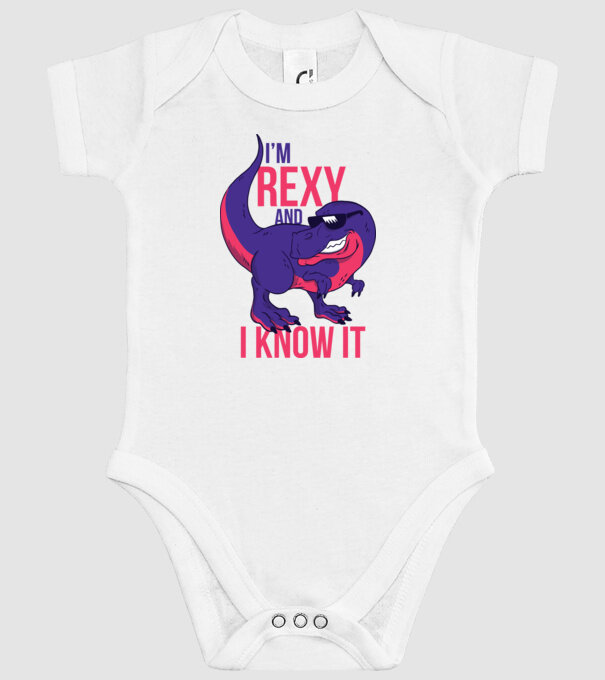'I''m Rexy and I know it - tricou dinozaur amuzant' model alb pe tricou