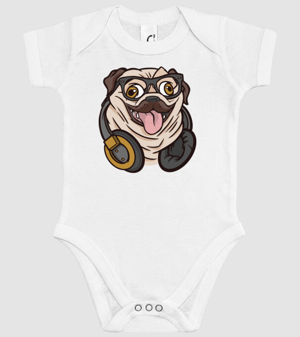 Mops cu căști model alb pe tricou