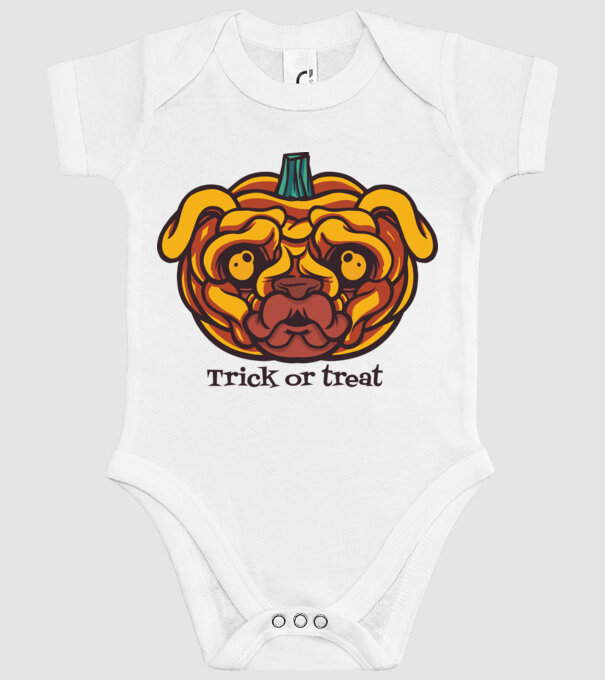 Mops cap de dovleac Halloween model alb pe tricou