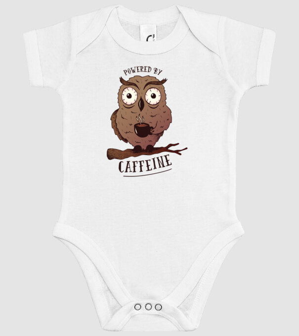 Powered by Caffeine - Tricou cu bufniță și energie de cafeină model alb pe tricou