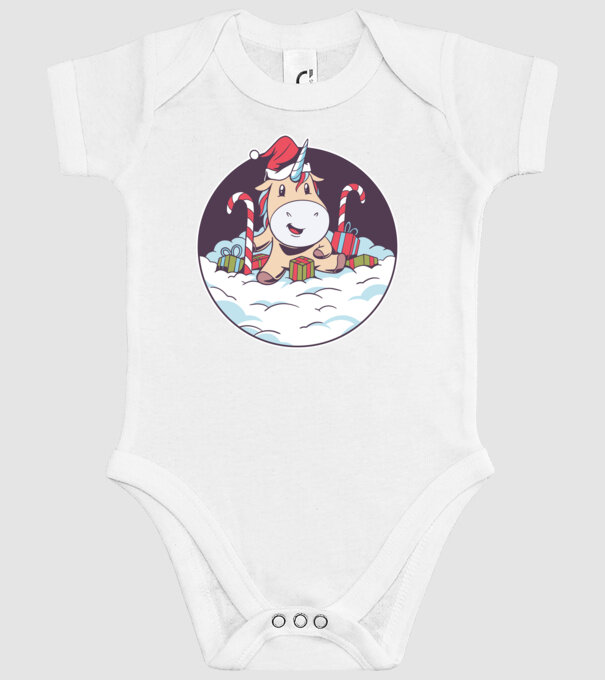 Unicorn Moș Crăciun cu cadouri model alb pe tricou
