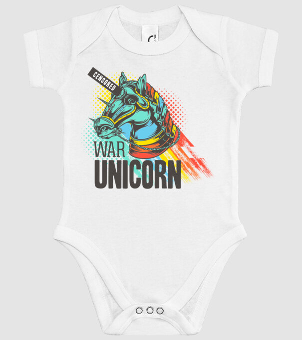 War Unicorn model alb pe tricou