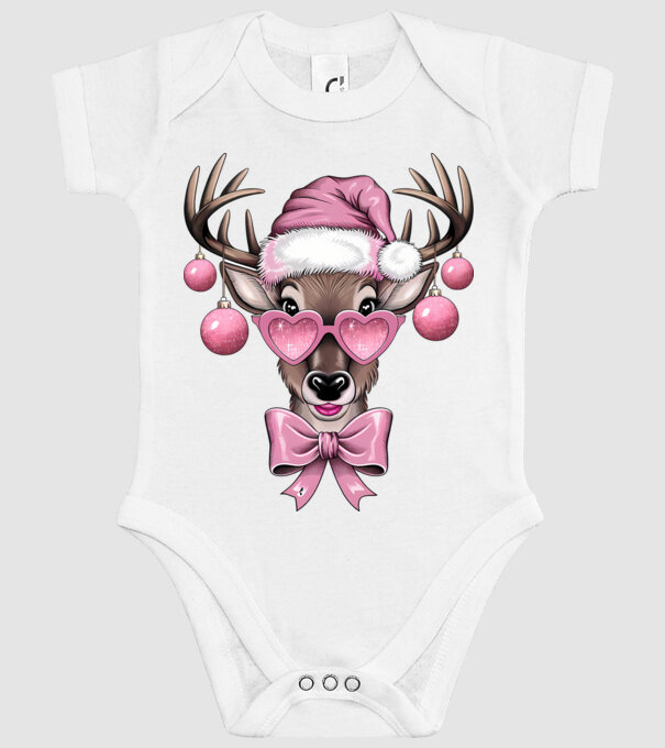 Pink Xmas Reindeer model alb pe tricou