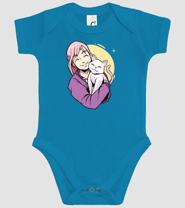 Anime fată cu pisică model turcoaz pe tricou