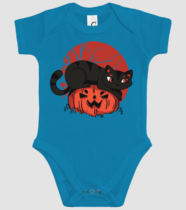 Pisică pe dovleac Halloween model turcoaz pe tricou