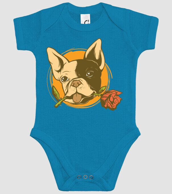Bulldog francez cu trandafir model turcoaz pe tricou