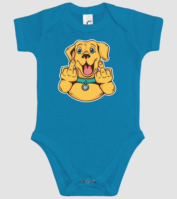Golden Retriever arată degetul model turcoaz pe tricou