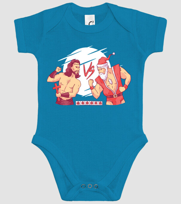 Isus vs Moș Crăciun Street Fighter tricou amuzant Crăciun model turcoaz pe tricou