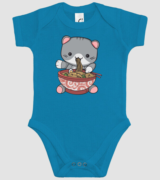 Pisică Kawaii Ramen model turcoaz pe tricou
