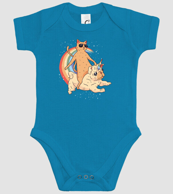 Pisică și Mops unicorn model turcoaz pe tricou