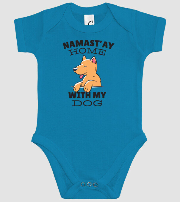 'Namast''ay Home with my Dog -Yoga Carantină' model turcoaz pe tricou