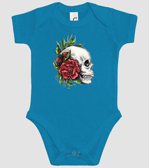 Trandafiri și craniu model turcoaz pe tricou