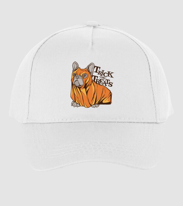 Trick or Treat Mops Halloween model alb pe tricou