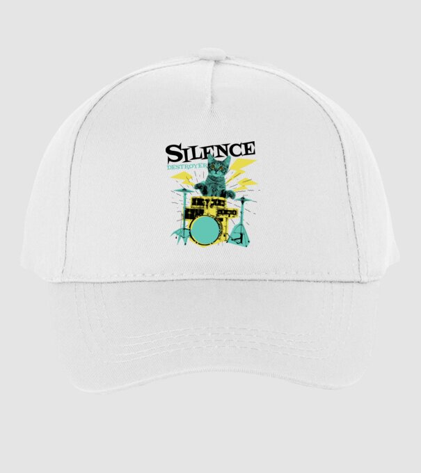 Pisică Baterist - Silence Destroyer model alb pe tricou