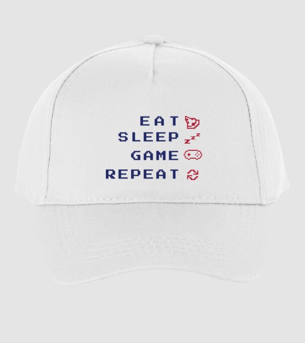 Eat Sleep Game Repeat model alb pe tricou