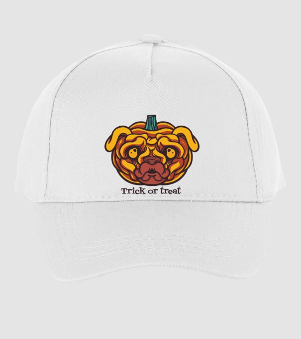 Mops cap de dovleac Halloween model alb pe tricou