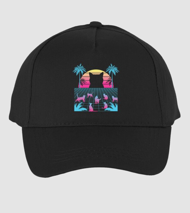 Pisică Vaporwave neon model negru pe tricou