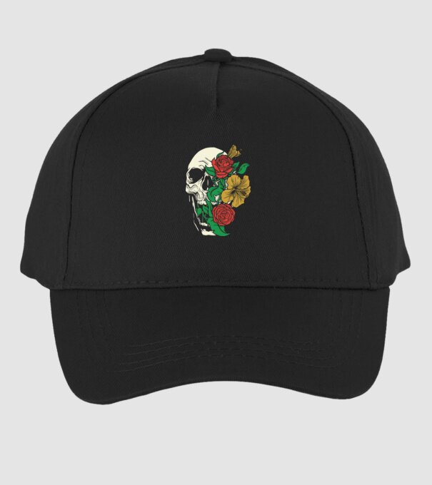 Trandafir craniu model negru pe tricou