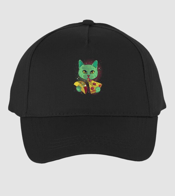 Pisică Cosmică Pizza și Taco model negru pe tricou