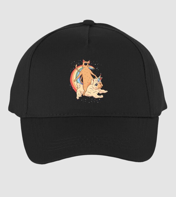 Pisică și Mops unicorn model negru pe tricou