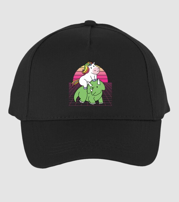 Unicorn pe dinozaur retro model negru pe tricou
