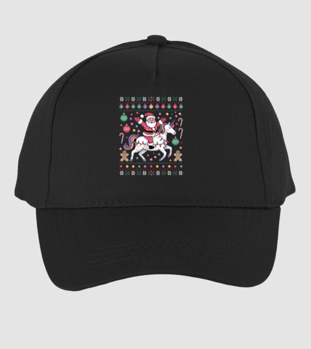 Moș Crăciun pe un pulover urât unicorn model negru pe tricou