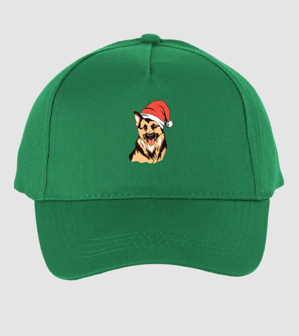 Ciobănesc german în căciulă de Moș Crăciun model verde pe tricou