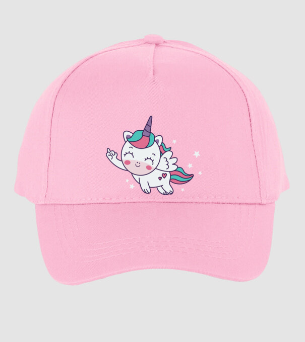Unicorn drăguț arată degetul model roz deschis pe tricou