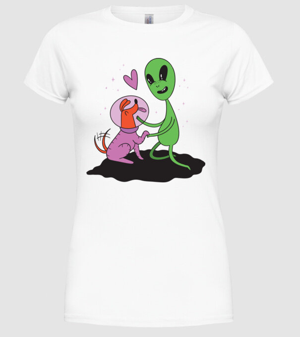 Alien cu câine model alb pe tricou