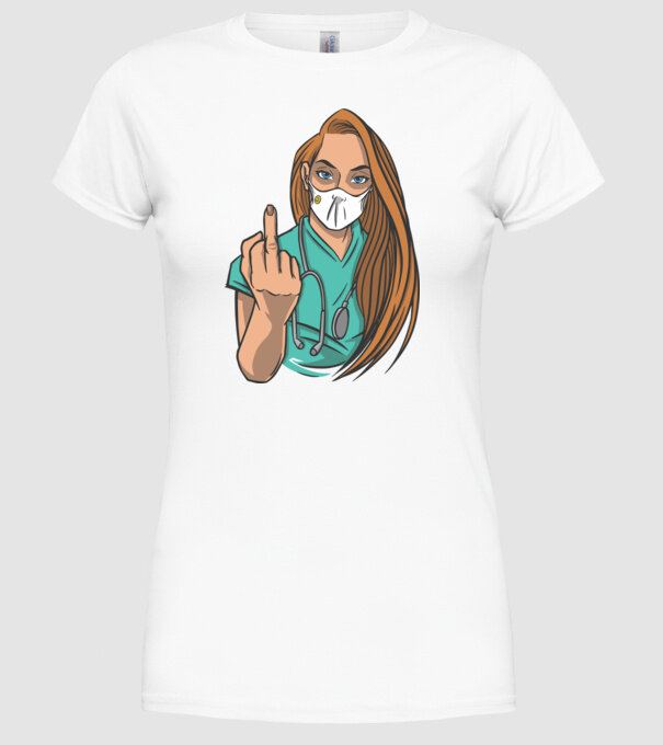 Asistentă medicală arată degetul model alb pe tricou