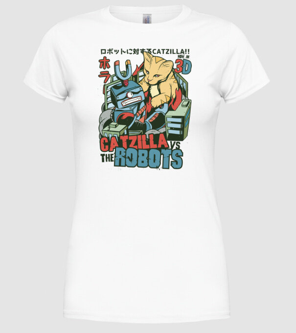 Catzilla Vs Robots model alb pe tricou
