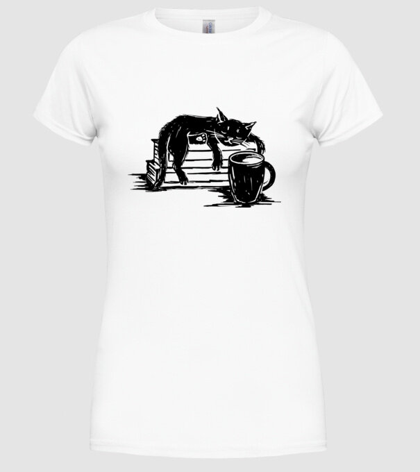 Pisică și cafea model alb pe tricou