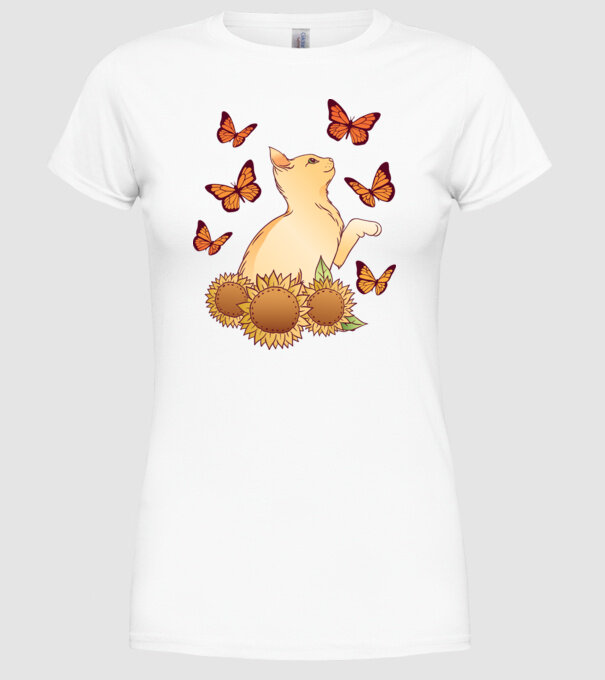 Pisică cu fluturi model alb pe tricou