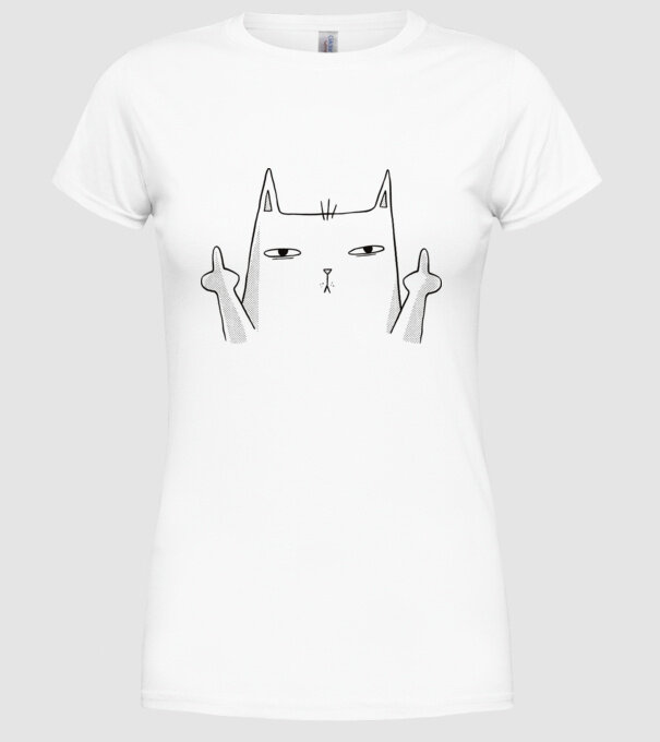 Pisică desen arată degetul model alb pe tricou