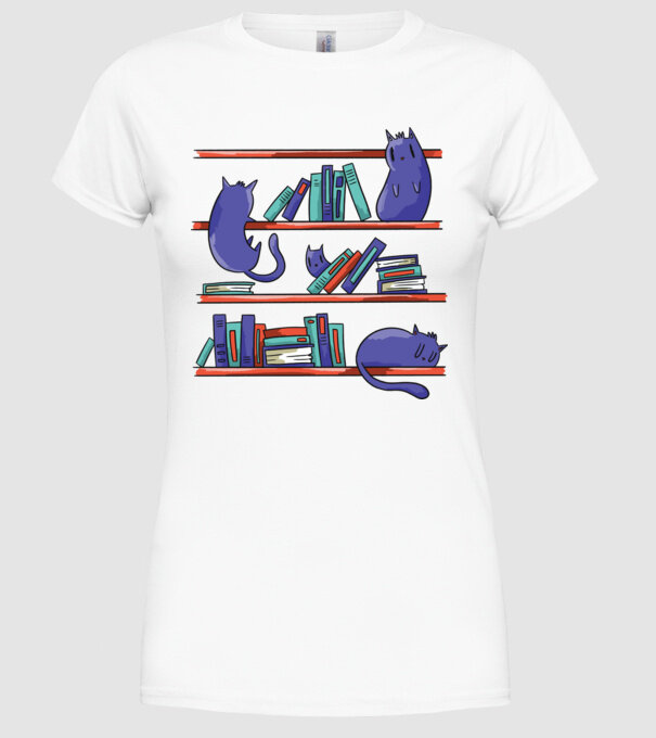 Pisici pe raftul de cărți model alb pe tricou