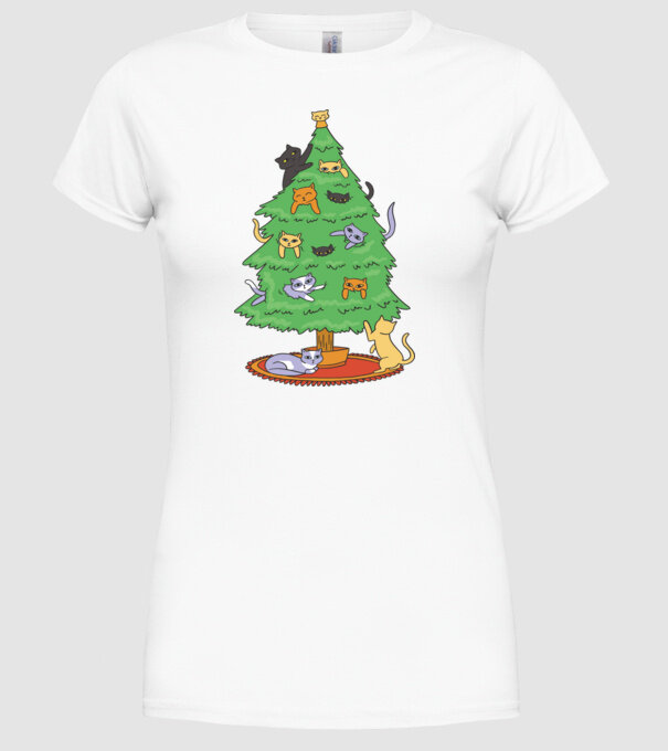 pom de Crăciun cu pisică model alb pe tricou